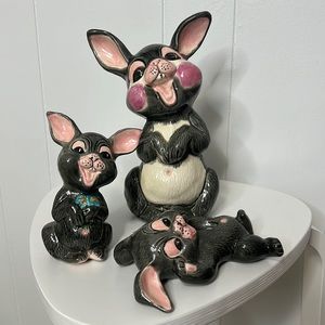 Vintage ceramic bunny rabbit figurines lot of 3 goofy quirky faces